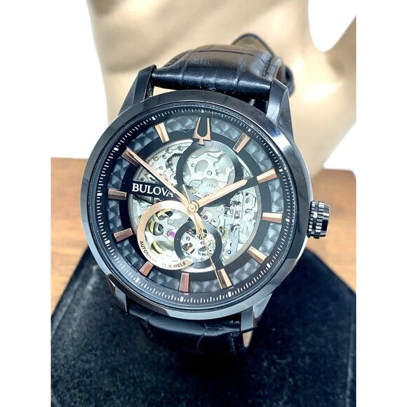 Bulova Men's Watch 98A283 Sutton Automatic Black Dial Leather Strap 43mm - Picture 1 of 15